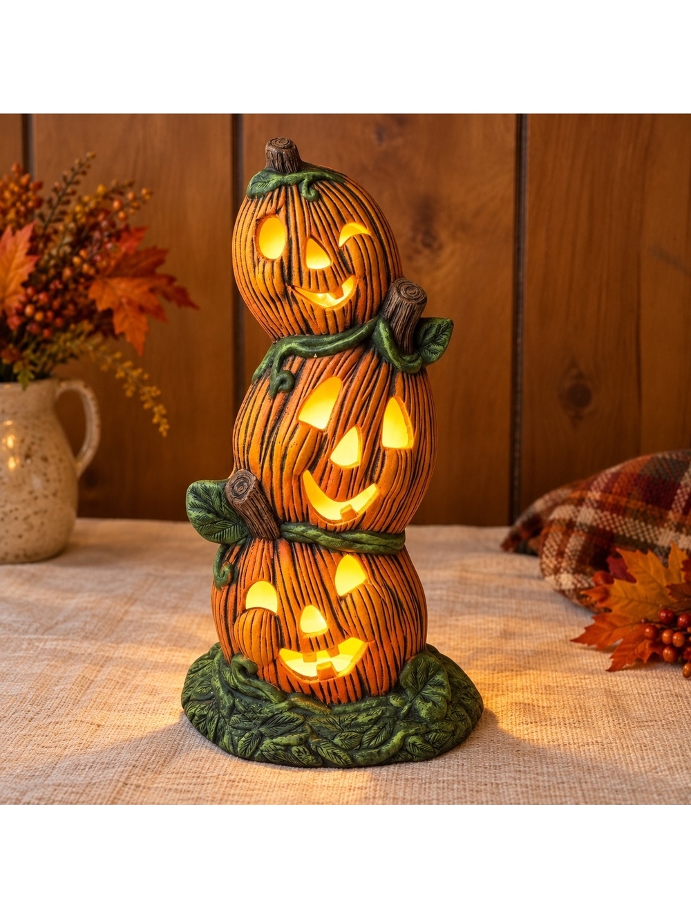 Ceramic Stacked Pumpkin Light Up Jack O Lantern Halloween Decor With Cord